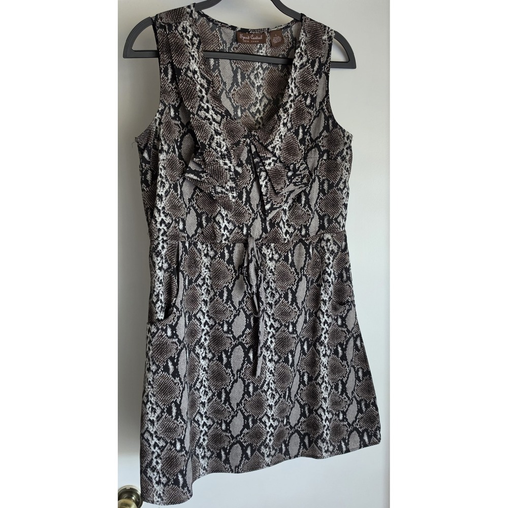 Vintage Speed Control L Sleeveless Collared Cotton Dress Animal Print Grey Brown
